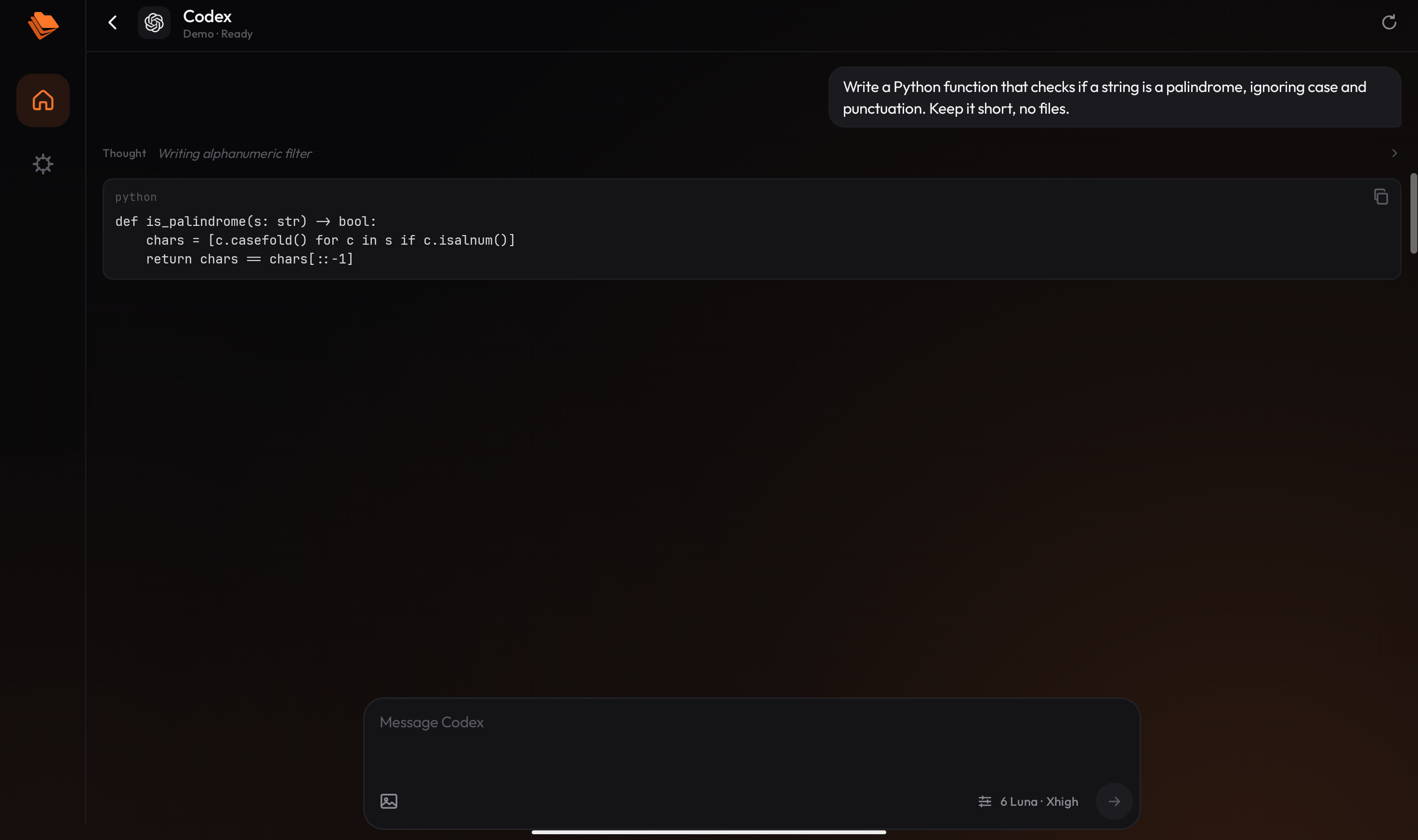 TermFold on a tablet showing Codex answering in the chat view